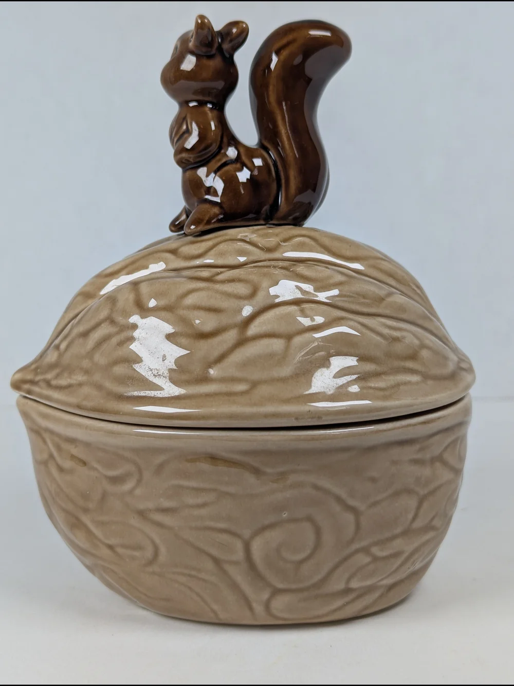 Vintage MCM Ceramic Squirrel on Walnut Acorn Candy Nut Dish Bowl